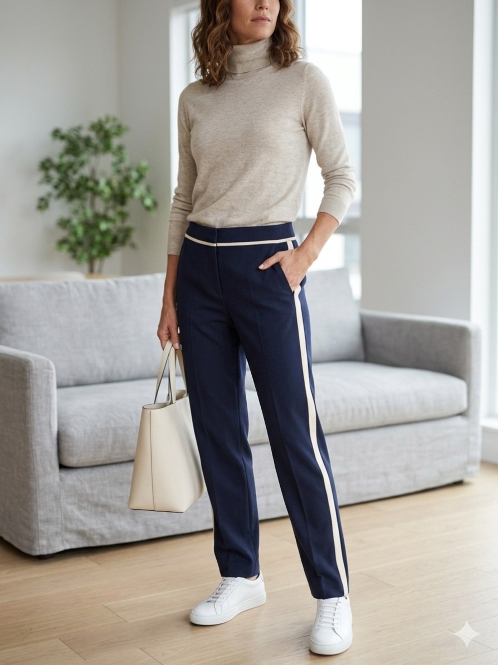 Vince Navy Wool-Blend Trousers with Cream Side Stripe – Size 6